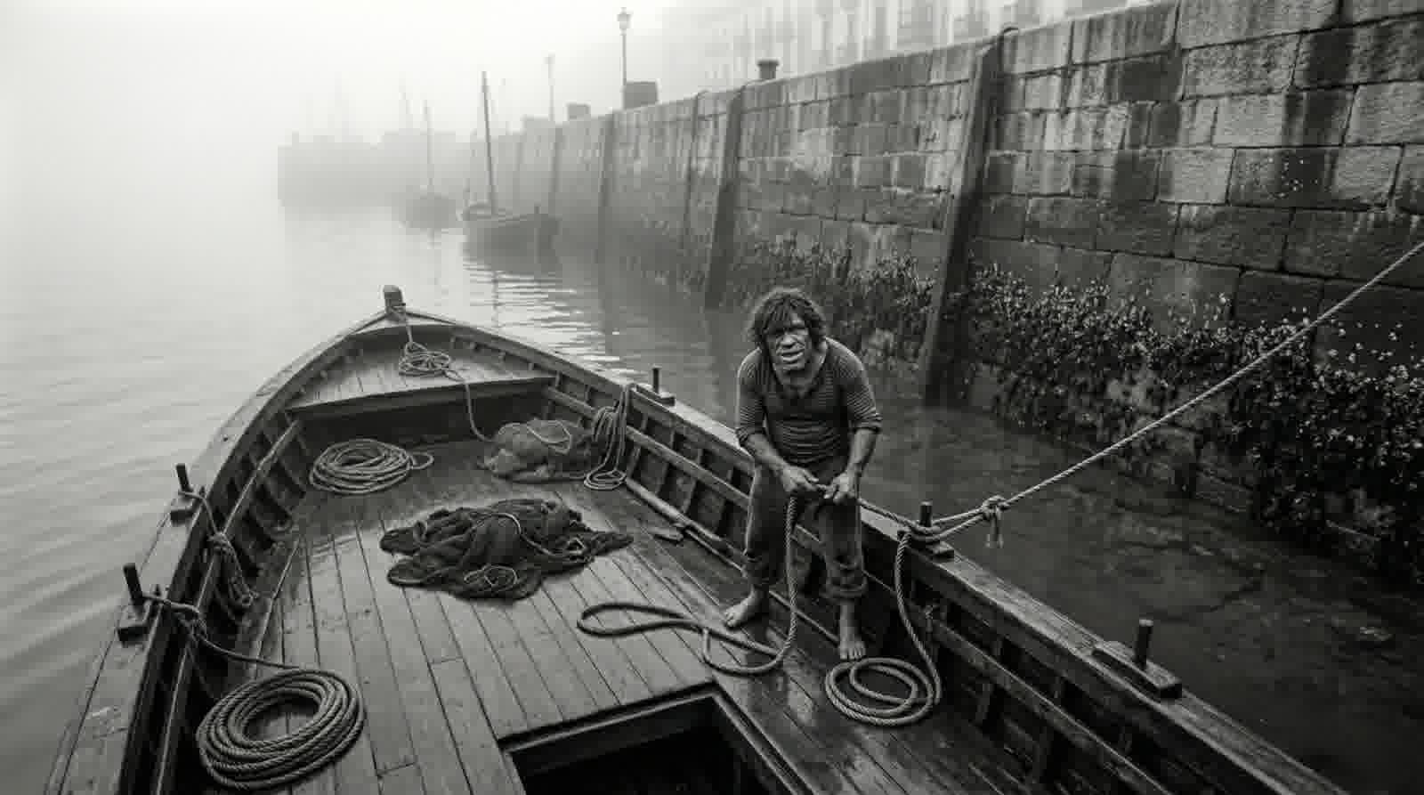 Muergo en el bote, entre la niebla del puerto